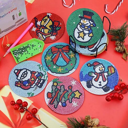8 Pcs Christmas Diamond Painting Coasters 5D DIY Diamond Art Painting Coasters With Holder Christmas Tree Diamond Drawing Drinks Coasters With Cork Coaster for Table Desk in Kuwait