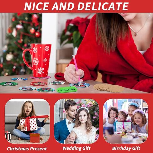 8 Pcs Christmas Diamond Painting Coasters 5D DIY Diamond Art Painting Coasters With Holder Christmas Tree Diamond Drawing Drinks Coasters With Cork Coaster for Table Desk in Kuwait