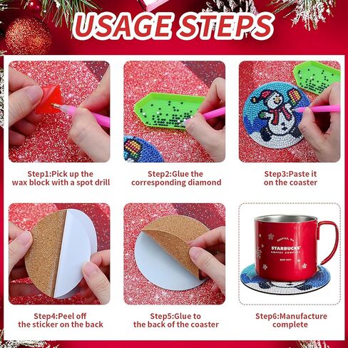 8 Pcs Christmas Diamond Painting Coasters 5D DIY Diamond Art Painting Coasters With Holder Christmas Tree Diamond Drawing Drinks Coasters With Cork Coaster for Table Desk in Kuwait