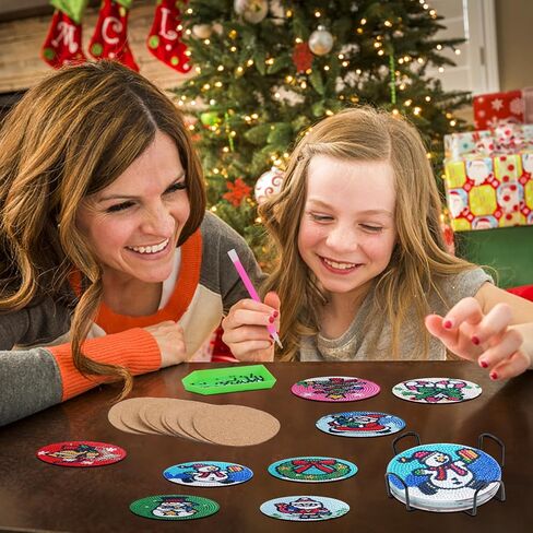 8 Pcs Christmas Diamond Painting Coasters 5D DIY Diamond Art Painting Coasters With Holder Christmas Tree Diamond Drawing Drinks Coasters With Cork Coaster for Table Desk in Kuwait