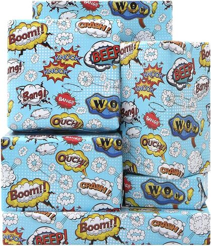 Blue Comic Book Wrapping Paper for Boys Girls Kids, BOOM WOW BEEP BANG CRASH Comic Design Gift Wrap Paper, Folded Flat Sheets for Birthday Holiday Christmas Party Kids Toddler Men Paper Wraps in Saudi Arabia