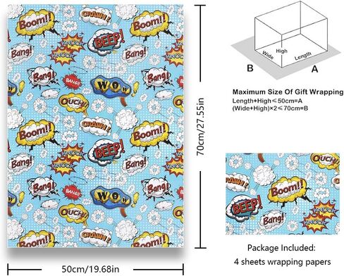 Blue Comic Book Wrapping Paper for Boys Girls Kids, BOOM WOW BEEP BANG CRASH Comic Design Gift Wrap Paper, Folded Flat Sheets for Birthday Holiday Christmas Party Kids Toddler Men Paper Wraps in Saudi Arabia