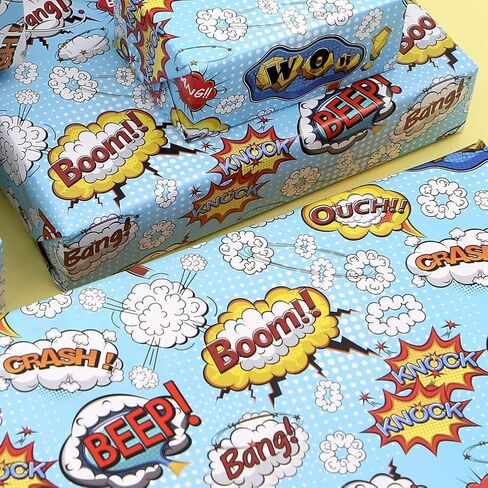Blue Comic Book Wrapping Paper for Boys Girls Kids, BOOM WOW BEEP BANG CRASH Comic Design Gift Wrap Paper, Folded Flat Sheets for Birthday Holiday Christmas Party Kids Toddler Men Paper Wraps in Saudi Arabia