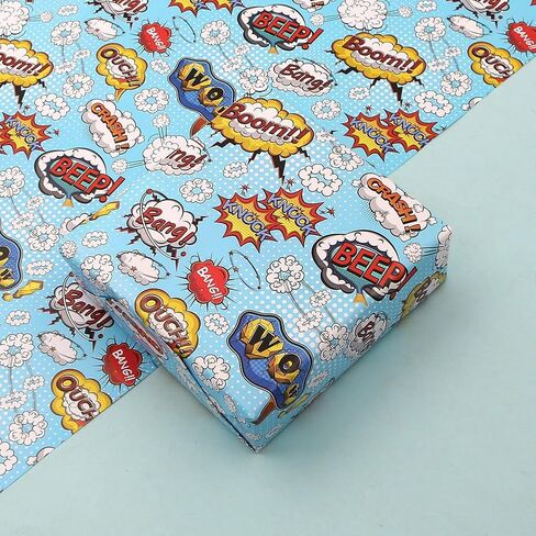 Blue Comic Book Wrapping Paper for Boys Girls Kids, BOOM WOW BEEP BANG CRASH Comic Design Gift Wrap Paper, Folded Flat Sheets for Birthday Holiday Christmas Party Kids Toddler Men Paper Wraps in Saudi Arabia