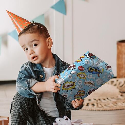 Blue Comic Book Wrapping Paper for Boys Girls Kids, BOOM WOW BEEP BANG CRASH Comic Design Gift Wrap Paper, Folded Flat Sheets for Birthday Holiday Christmas Party Kids Toddler Men Paper Wraps in Saudi Arabia