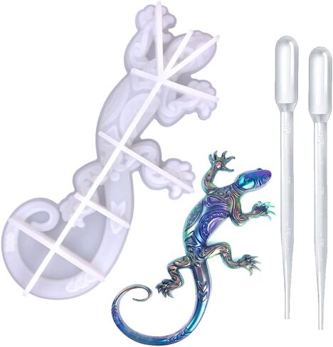 قوالب راتنج ايبوكسي على شكل سحلية مع قطارتين، اشكال سحلية واقعية ثلاثية الابعاد من السيليكون لراتنج الايبوكسي وسطح المكتب والخزائن وديكور يدوي الصنع والصابون والشوكولاتة والحلوى in Kuwait