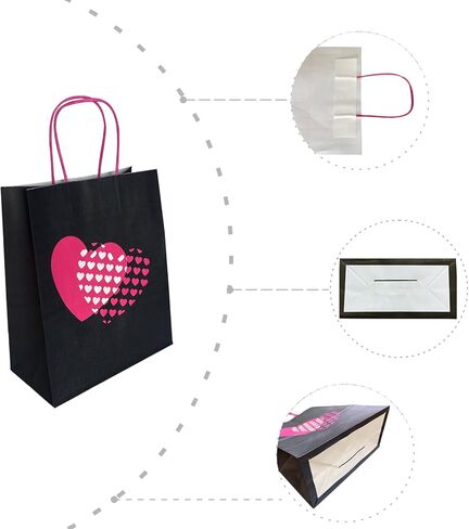 أكياس هدايا XIAMUY متوسطة الحجم، 50 قطعة من أكياس الهدايا السوداء، أكياس ورقية على شكل قلب وردي بمقابض، حقائب سوداء لعيد الحب، الأعمال، الحفلات، الهدايا الجيدة، التسوق، الزفاف - 8 × 4.25 × 10.5 بوصة in Kuwait