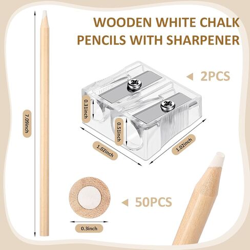 Fulmoon Wooden White Chalk Pencils with Sharpener Set 50 Pcs Real Slate Chalk Pencils with 2 Pcs Sharpener White Art Pencils for Chalk Board Menu Boards Dress Marking Patchwork Needlework in Kuwait