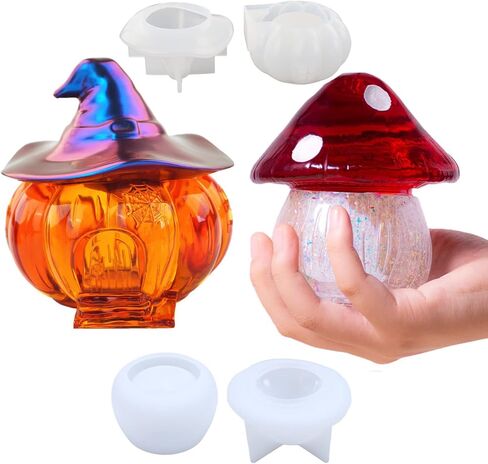 قطعتان من قالب راتنج الجرة مع غطاء، قالب صندوق من الراتنج على شكل فطر اليقطين، قالب من السيليكون للهالوين، قالب حاوية من راتنجات الإيبوكسي لحامل المجوهرات المصنوع يدويًا، حلية تخزين الهدايا in Kuwait