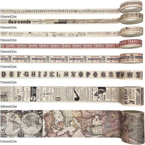 8 Rolls Vintage Washi Tape Set, 53/30/15/10/mm Wide Map Travel Letter Antique Retro Japanese Decorative Masking Tape for Arts DIY Crafts Scrapbooking Album Bullet Junk Journal Planners Calendars in Saudi Arabia