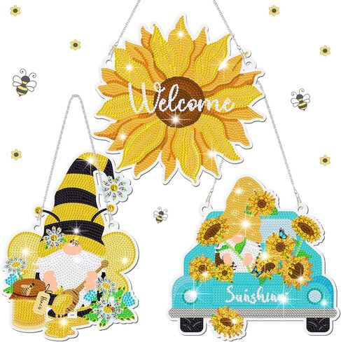 Sintuff 3 Pcs 5D Sunflowers Gnomes Bee Diamond Painting Kits Hanging Honeybee Dwarf Sunflowers DIY Round Diamond Art Kits Gnome Diamond Painting Kits for Art Adults Beginners DIY Home Wall Decor in Saudi Arabia