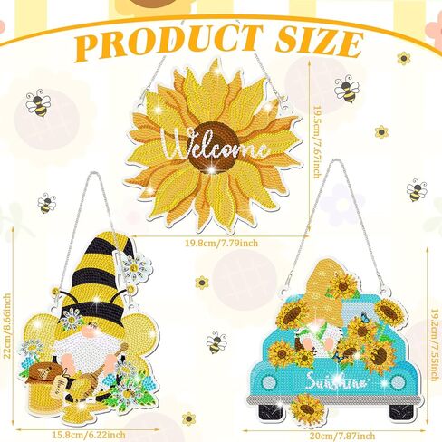 Sintuff 3 Pcs 5D Sunflowers Gnomes Bee Diamond Painting Kits Hanging Honeybee Dwarf Sunflowers DIY Round Diamond Art Kits Gnome Diamond Painting Kits for Art Adults Beginners DIY Home Wall Decor in Saudi Arabia