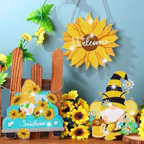 Sintuff 3 Pcs 5D Sunflowers Gnomes Bee Diamond Painting Kits Hanging Honeybee Dwarf Sunflowers DIY Round Diamond Art Kits Gnome Diamond Painting Kits for Art Adults Beginners DIY Home Wall Decor in Saudi Arabia