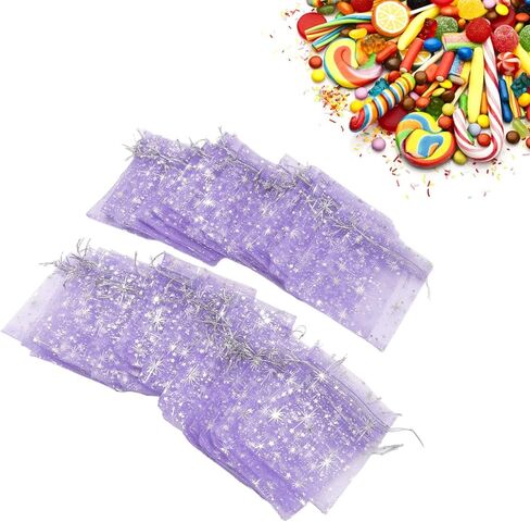 100 Drawstring Sheer Mesh Bags, Star Pattern 4.5 X 3.3 Inch Satin String Mesh Bags (Purple) in Saudi Arabia