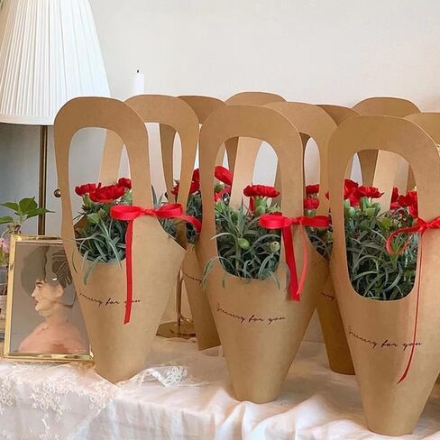Retainbre 50 PCS Kraft Flower Bouquet Bags Brown Floral Wrapping Paper Bags Kraft Floral Gift Bags with Handle for Wedding Graduation Party Thanksgiving Christmas in Kuwait