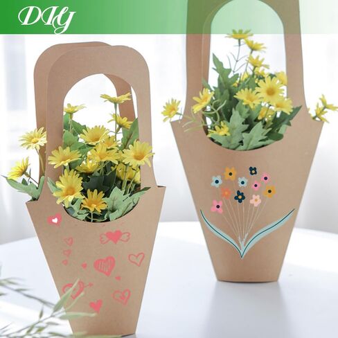 Retainbre 50 PCS Kraft Flower Bouquet Bags Brown Floral Wrapping Paper Bags Kraft Floral Gift Bags with Handle for Wedding Graduation Party Thanksgiving Christmas in Kuwait