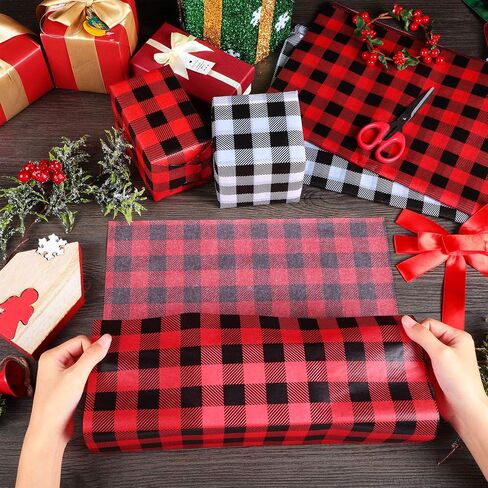 100 Pieces Christmas Tissue Paper Buffalo Plaid Check Wrapping Paper Red Black Plaid Wrapping Sheet Black White Plaid Wrapping Tissue Holiday Tissue Paper for DIY Christmas Holiday Wrapping Paper in Saudi Arabia
