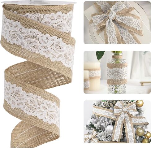 HUIHUANG Burlap Ribbon with Lace Wired Ribbon White Lace Jute Burlap Ribbon for Wreaths Rustic Crafts Bows Making Home Decor Gift Wrapping Wedding Decor Baby Shower Diaper Cake -2.5 inch x 10 Yards in Kuwait