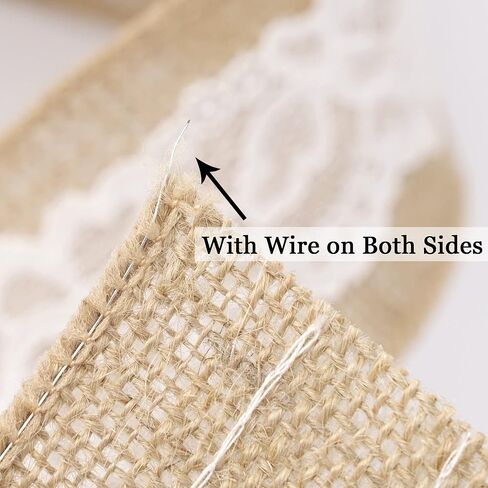 HUIHUANG Burlap Ribbon with Lace Wired Ribbon White Lace Jute Burlap Ribbon for Wreaths Rustic Crafts Bows Making Home Decor Gift Wrapping Wedding Decor Baby Shower Diaper Cake -2.5 inch x 10 Yards in Kuwait