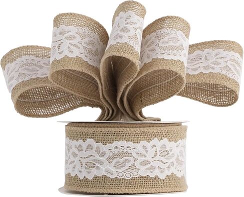 HUIHUANG Burlap Ribbon with Lace Wired Ribbon White Lace Jute Burlap Ribbon for Wreaths Rustic Crafts Bows Making Home Decor Gift Wrapping Wedding Decor Baby Shower Diaper Cake -2.5 inch x 10 Yards in Kuwait