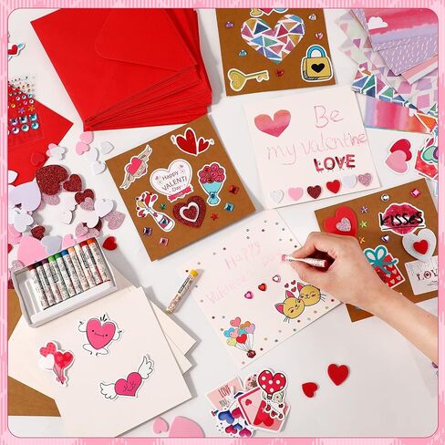 32 Pack Valentines Crafts Valentines's Day Kits for Kids Valentines DIY Card with Envelopes Heart Foam Stickers Watercolor Double Sided Colored Paper Crystal Drill Sticker for Boys Classroom Gifts in Saudi Arabia