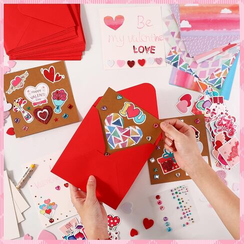 32 Pack Valentines Crafts Valentines's Day Kits for Kids Valentines DIY Card with Envelopes Heart Foam Stickers Watercolor Double Sided Colored Paper Crystal Drill Sticker for Boys Classroom Gifts in Saudi Arabia