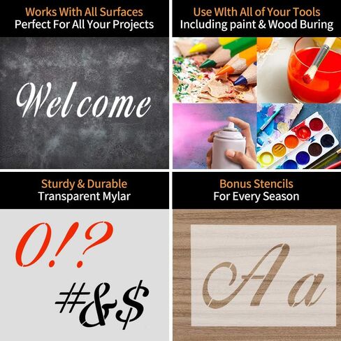 Letter Stencils for Painting on Wood-Reusable Washable Alphabet Stencils with Calligraphy Font Upper and Lowercase Letters -Numbers and Signs. in Saudi Arabia