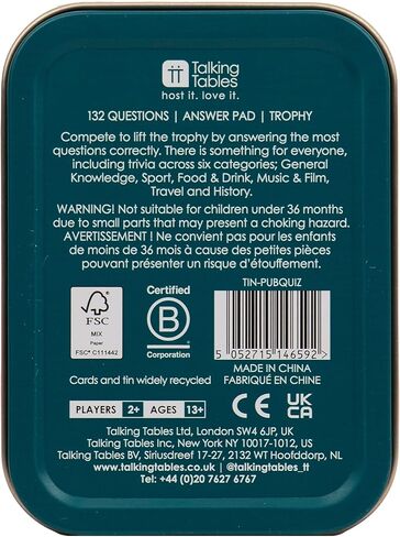 Talking Tables Pub Quiz Travel Game, Pocket Size General Knowledge Trivia for The Family to Play on a Journey or at Home Packed in a Giftable Tin Case, Secret Santa or Stocking Filler in Saudi Arabia