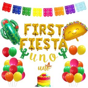 zrjssyp First Fiesta Birthday Decorations Mexican 1st Birthday Party Supplies Gold First Fiesta Balloons Mexican Uno Cactus Banner Cake Topper for Cinco De Mayo Taco Bout Uno Party Decor in Kuwait