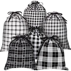 Weewooday 6 Pcs Gift for Christmas Bag Drawstring Bags Xmas Buffalo Plaid Burlap Treat Candy Bags Reusable Christmas Cotton Bag for Christmas Holiday Party, 2 Sizes(White and Black Plaid)