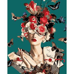 طلاء TISHIRON بالأرقام للفتيات الزهرات البالغات، مجموعات طلاء الأكريليك على القماش من القماش DIY مع فرش وصبغة أكريليك، ديكور جدار منزلي حديث مقاس 16 × 20 بوصة in Kuwait