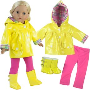 معطف واق من المطر للدمى مقاس 18 انش، طقم من 4 قطع يناسب ملابس دمى اميريكان جيرل مقاس 18 انش، المزيد من ملابس المطر من جاكيت المطر الاصفر، حذاء دمى مطابق، سروال ضيق زهري ومظلة in Kuwait