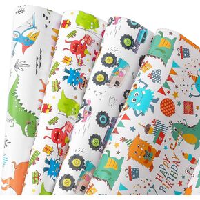 Birthday Wrapping Paper for Boys, Girls, Kids - 4 Cute Design Includes Monster, Car, Dinosaur Gift Wrap Paper for Holiday, Party, Baby Shower - 10 Sheets Pack, 20 inch X 30 inch Per Sheet, Not Rolled in Kuwait