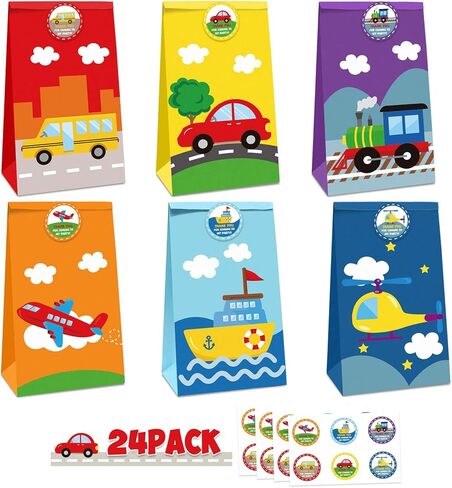 24 عبوة من حقائب الحلوى وسائل النقل جودي لنقل هدايا الحفلات مع ملصقات شكر للأطفال حافلة القطار والطائرة والسفن وحفلات أعياد الميلاد ومستلزمات استحمام الأطفال in Kuwait
