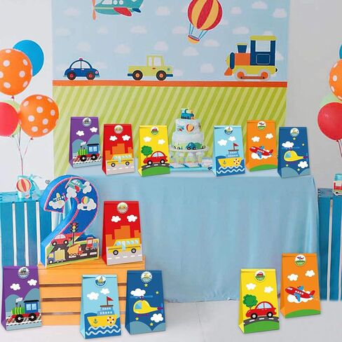 24 عبوة من حقائب الحلوى وسائل النقل جودي لنقل هدايا الحفلات مع ملصقات شكر للأطفال حافلة القطار والطائرة والسفن وحفلات أعياد الميلاد ومستلزمات استحمام الأطفال in Kuwait