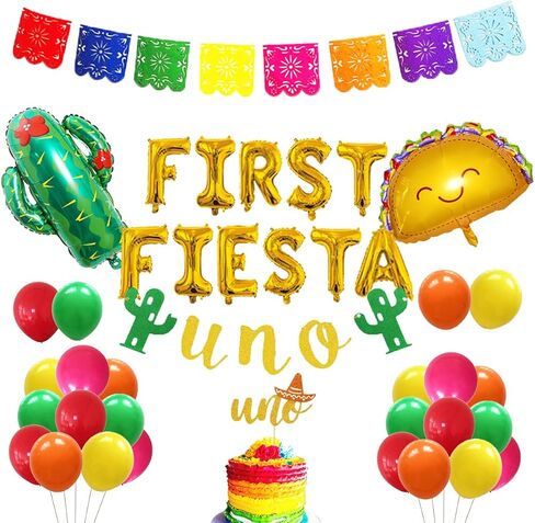 zrjssyp First Fiesta Birthday Decorations Mexican 1st Birthday Party Supplies Gold First Fiesta Balloons Mexican Uno Cactus Banner Cake Topper for Cinco De Mayo Taco Bout Uno Party Decor in Kuwait