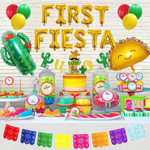 zrjssyp First Fiesta Birthday Decorations Mexican 1st Birthday Party Supplies Gold First Fiesta Balloons Mexican Uno Cactus Banner Cake Topper for Cinco De Mayo Taco Bout Uno Party Decor in Kuwait
