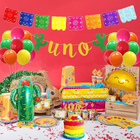 zrjssyp First Fiesta Birthday Decorations Mexican 1st Birthday Party Supplies Gold First Fiesta Balloons Mexican Uno Cactus Banner Cake Topper for Cinco De Mayo Taco Bout Uno Party Decor in Kuwait