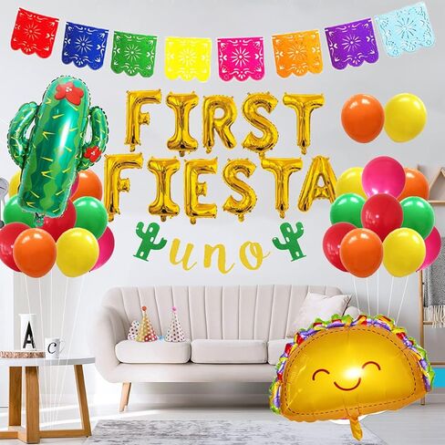 zrjssyp First Fiesta Birthday Decorations Mexican 1st Birthday Party Supplies Gold First Fiesta Balloons Mexican Uno Cactus Banner Cake Topper for Cinco De Mayo Taco Bout Uno Party Decor in Kuwait
