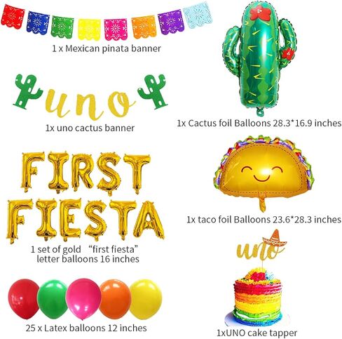 zrjssyp First Fiesta Birthday Decorations Mexican 1st Birthday Party Supplies Gold First Fiesta Balloons Mexican Uno Cactus Banner Cake Topper for Cinco De Mayo Taco Bout Uno Party Decor in Kuwait