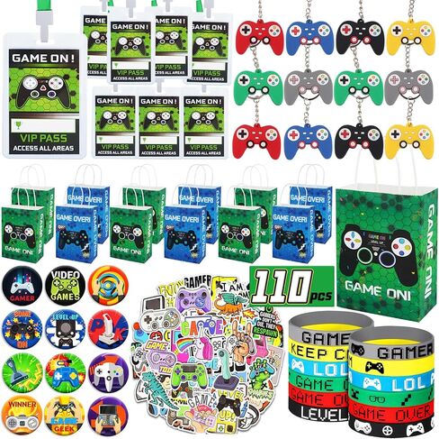 هدايا حفلات العاب الفيديو 110 قطعة من لوازم حفلات اعياد الميلاد مع شنط هدايا تتضمن شرائط تعليق في اي بي واساور ومشابك مفاتيح وغيرها لحفلات اعياد الميلاد وجوائز الفصول الدراسية وهدايا العودة للاطفال in Kuwait