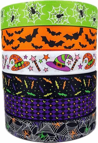 30 Yards (6 X 5 Yards) Halloween Bats Spiders Web Pattern Printed 1 Inch Grosgrain Ribbon in Kuwait