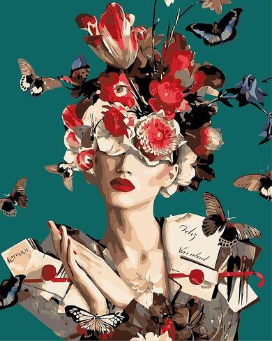 طلاء TISHIRON بالأرقام للفتيات الزهرات البالغات، مجموعات طلاء الأكريليك على القماش من القماش DIY مع فرش وصبغة أكريليك، ديكور جدار منزلي حديث مقاس 16 × 20 بوصة in Kuwait