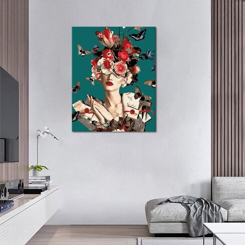 طلاء TISHIRON بالأرقام للفتيات الزهرات البالغات، مجموعات طلاء الأكريليك على القماش من القماش DIY مع فرش وصبغة أكريليك، ديكور جدار منزلي حديث مقاس 16 × 20 بوصة in Kuwait