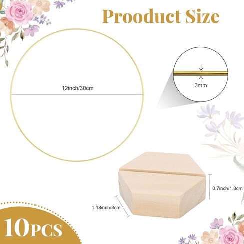 سينتيكر 10 قطع 12 انش حلقة معدنية على شكل زهور لتزيين الطاولة بلون ذهبي مع 10 حوامل خشبية سداسية لتزيين طاولات الزفاف وعيد الحب in Kuwait