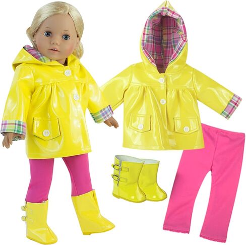 معطف واق من المطر للدمى مقاس 18 انش، طقم من 4 قطع يناسب ملابس دمى اميريكان جيرل مقاس 18 انش، المزيد من ملابس المطر من جاكيت المطر الاصفر، حذاء دمى مطابق، سروال ضيق زهري ومظلة in Kuwait