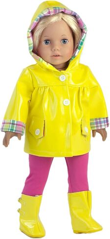 معطف واق من المطر للدمى مقاس 18 انش، طقم من 4 قطع يناسب ملابس دمى اميريكان جيرل مقاس 18 انش، المزيد من ملابس المطر من جاكيت المطر الاصفر، حذاء دمى مطابق، سروال ضيق زهري ومظلة in Kuwait