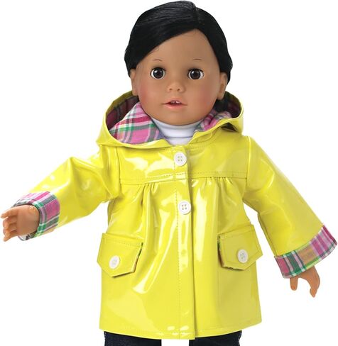 معطف واق من المطر للدمى مقاس 18 انش، طقم من 4 قطع يناسب ملابس دمى اميريكان جيرل مقاس 18 انش، المزيد من ملابس المطر من جاكيت المطر الاصفر، حذاء دمى مطابق، سروال ضيق زهري ومظلة in Kuwait