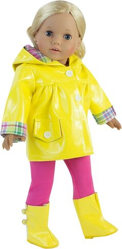 معطف واق من المطر للدمى مقاس 18 انش، طقم من 4 قطع يناسب ملابس دمى اميريكان جيرل مقاس 18 انش، المزيد من ملابس المطر من جاكيت المطر الاصفر، حذاء دمى مطابق، سروال ضيق زهري ومظلة in Kuwait