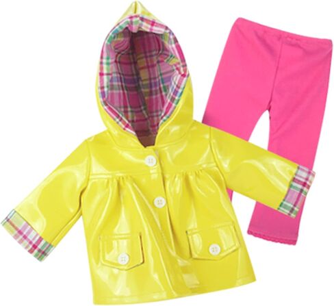 معطف واق من المطر للدمى مقاس 18 انش، طقم من 4 قطع يناسب ملابس دمى اميريكان جيرل مقاس 18 انش، المزيد من ملابس المطر من جاكيت المطر الاصفر، حذاء دمى مطابق، سروال ضيق زهري ومظلة in Kuwait